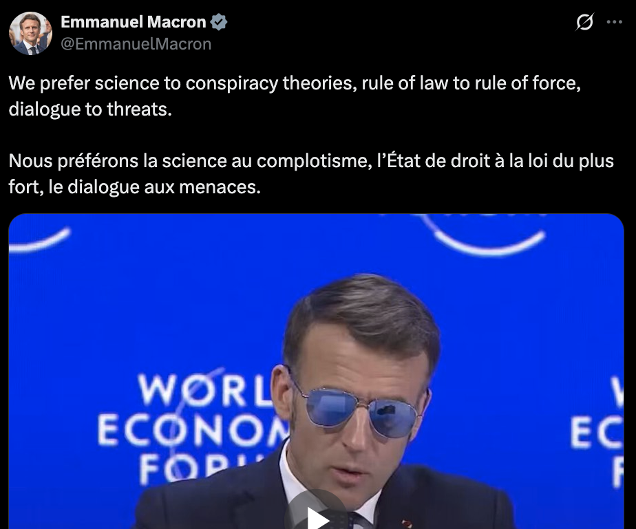 Emmanuel Macron : "We prefer science to conspiracy theories, rule of law to rule of force, dialogue to threats.
Nous préférons la science au complotisme, l’État de droit à la loi du plus fort, le dialogue aux menaces."
